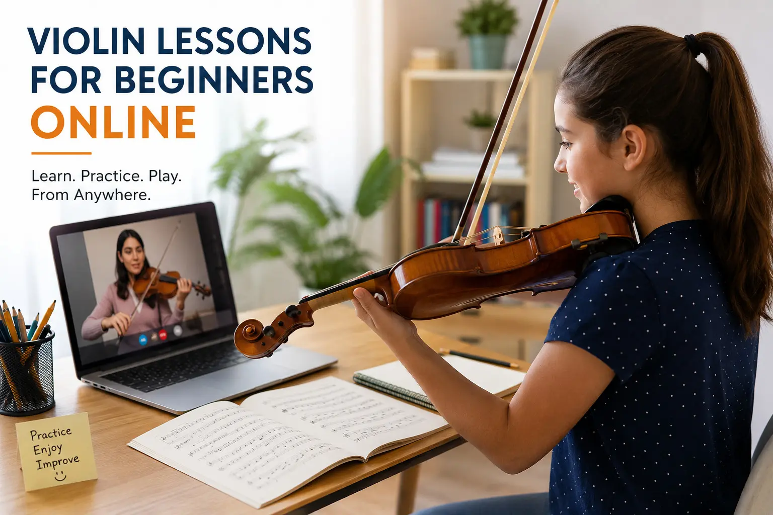 Beginner student taking online violin lessons from a violin teacher