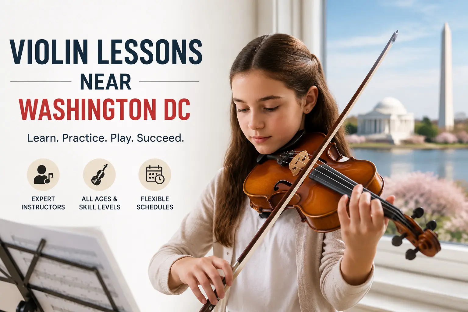 Violin lessons near Washington DC with a student learning violin in a professional music setting