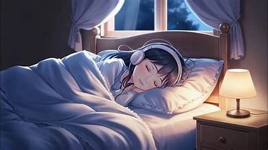 A girl peacefully sleeping with headphones, listening to calming music in a cozy bedroom with soft lighting and a window at night.