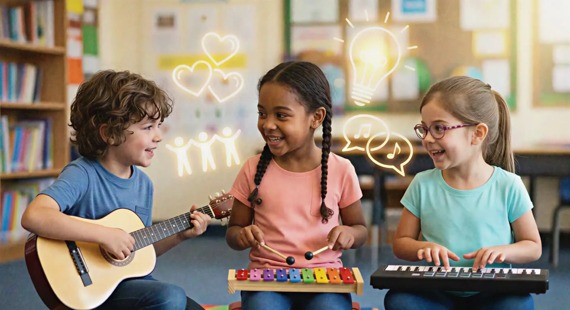 A group of three diverse young children laughing and playing music together in a classroom. They are using a small xylophone, a guitar, and a keyboard. Glowing, translucent icons of hearts, joined human figures, and speech bubbles with musical notes float around them, symbolizing teamwork, empathy, and social connection.