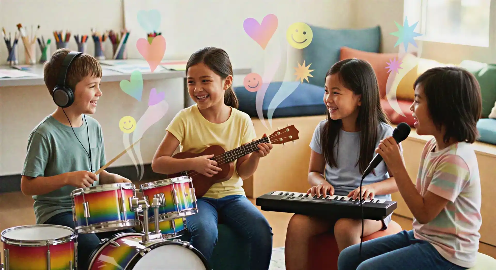 A group of three young children laughing and making eye contact while playing instruments together (drums, keyboard, ukulele) in a sunlit room. Abstract, translucent sound waves shaped like colorful hearts and smiley faces emanate from the group, visualizing joy, empathy, and social connection.