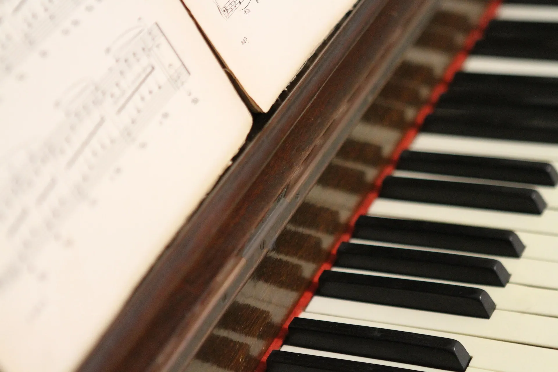 Piano keys with sheet music for piano lessons near me training and practice