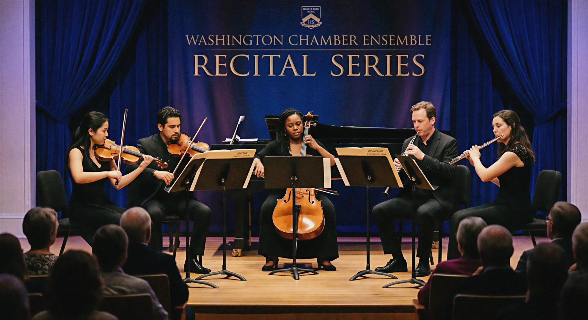 Chamber ensemble performing live on stage with violinists, cellist, and woodwind players during a recital in front of an audience